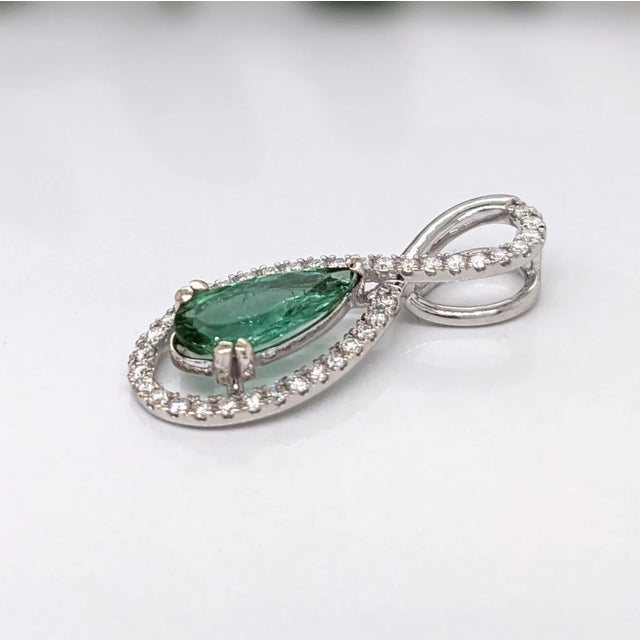 1ct Green Tourmaline Pendant with Earth Mined Diamonds in Solid 14K Gold Pear 11x5 For Sale - Image 4 of 10