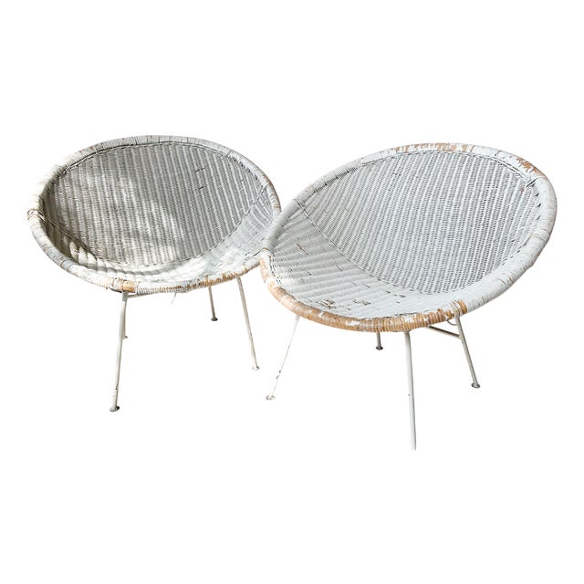 Mid-Century Wicker and Iron Lounge Chairs, 1950s, Set of 2 For Sale