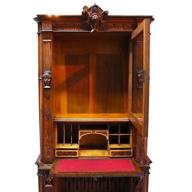 Rare Antique Victorian Egyptian Revival Figural Carved Walnut Secretary C1880 For Sale - Image 14 of 18