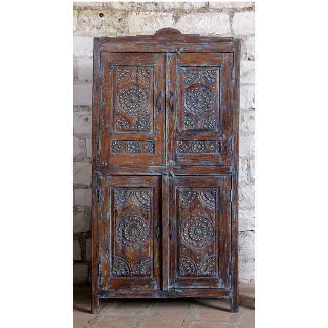 Mid-Century Modern Antique Floral Carved Armoire – Distressed Blue Cabinet With Brass Stud Detailing 70x36 For Sale - Image 3 of 7
