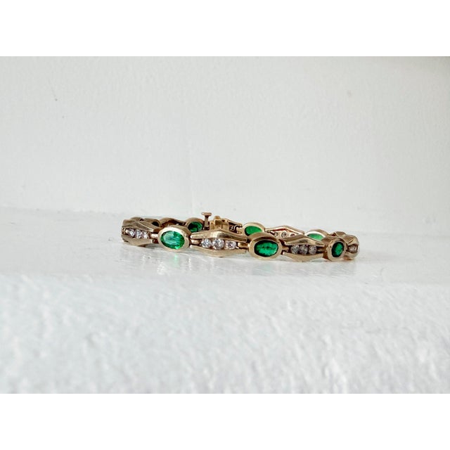 Vintage 14k Yellow Gold Emerald & Diamond Bar-Link Bracelet For Sale - Image 12 of 15