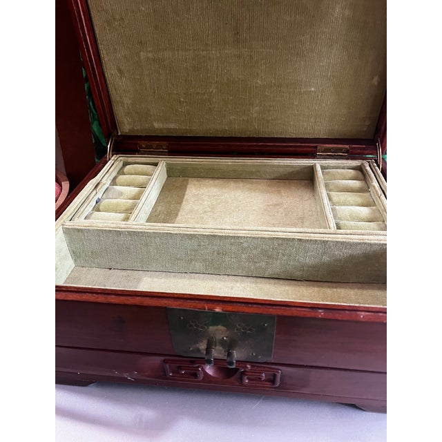 Asian Vintage Asian Style Wooden Green Velvet Lined Jewelry Box With Latch For Sale - Image 3 of 6
