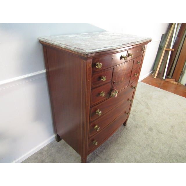 Item 87585: Mahogany inlay marble top chest of drawers. Age: 1930's. Details: Removeable marble top. Condition: Very clean...
