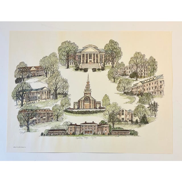 Illustration 1970s Lynchburg College Virginia Campus Print by Liz Bryant – Hand-Colored Architectural Illustration, 24” X 18” For Sale - Image 3 of 3