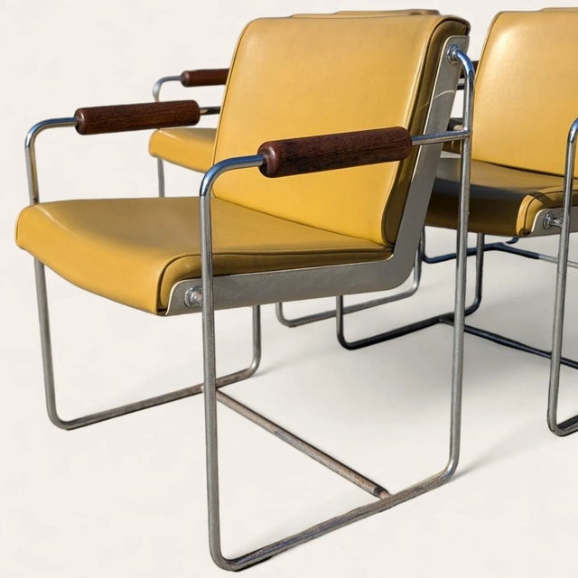 Set of Eight Krueger Afka Mustard Vinyl, Walnut & Chrome Armchairs, C. 1969 For Sale In Los Angeles - Image 6 of 10