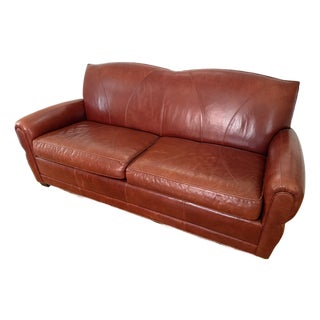 Vintage Ralph Lauren Style Distressed Art Deco Leather Sofa For Sale