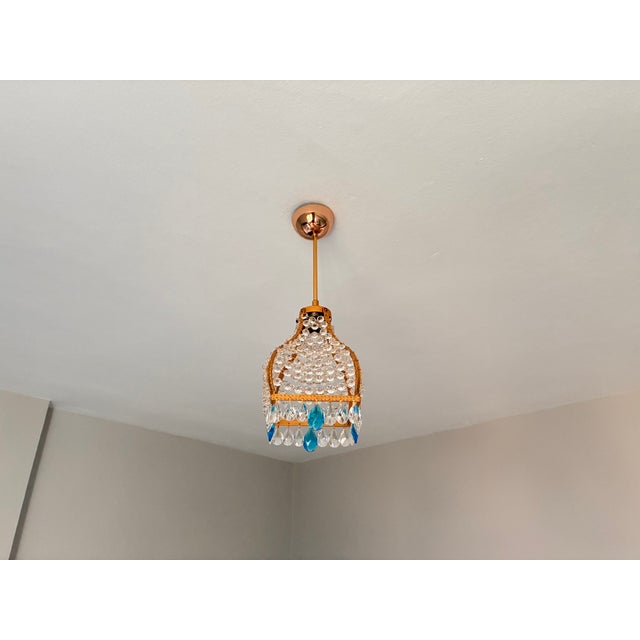 Glass Vintage French Empire Brass & Crystal Pendant Light With Aqua Blue Drops - Pair Restored For Sale - Image 7 of 18