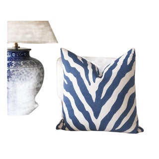 Thibaut Fabric’s Embroidered Zebra Pattern in Blue on a White Linen Ground With an Invisible Zipper Closure For Sale