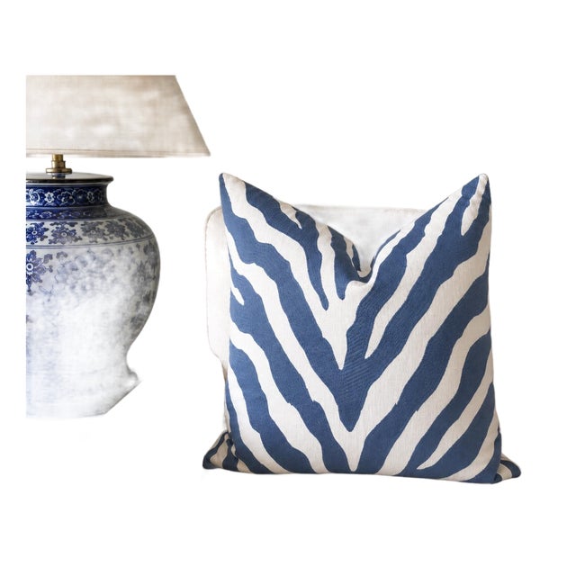 Thibaut Fabric’s Embroidered Zebra Pattern in Blue on a White Linen Ground With an Invisible Zipper Closure For Sale