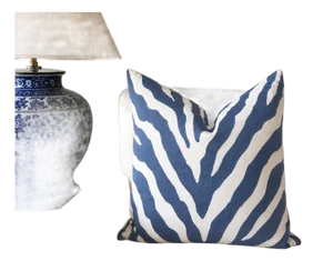 Thibaut Fabric’s Embroidered Zebra Pattern in Blue on a White Linen Ground With an Invisible Zipper Closure