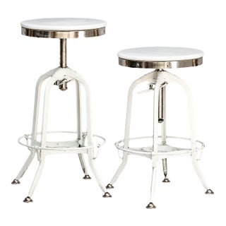 Pr. Of Vintage Restoration Hardward Adjustable White Bar Stools For Sale