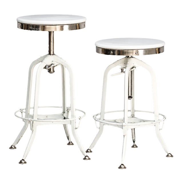 Pr. Of Vintage Restoration Hardward Adjustable White Bar Stools For Sale