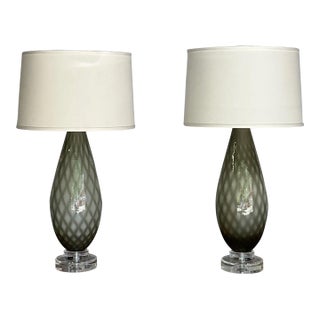 Pair of Italian Murano Glass Table Lamps With Diamond Pattern, 1950s For Sale