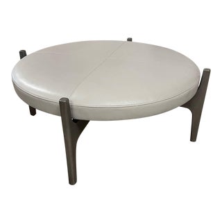 Vanguard Micheal Weiss Round Grey Leather & Silver Briar Wood Alfonso Ottoman For Sale