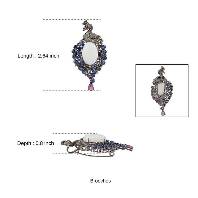 White Handcrafted Peacock Brooch Pendant Featuring 23.32 Carats of Gemstones & Diamonds For Sale - Image 8 of 10