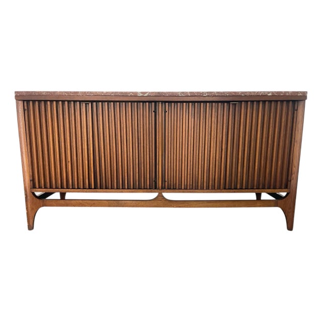 Broyhill Brasilia Fluted Walnut Room Divider / Credenza With Marble Top, Vintage 1960s, McM, Mid Century Modern For Sale