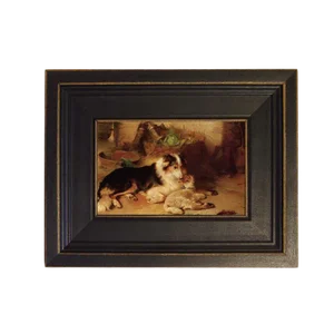 Motherless Lamb With Dog Painting Reproduction on Canvas in Distressed Black Solid Ash Frame