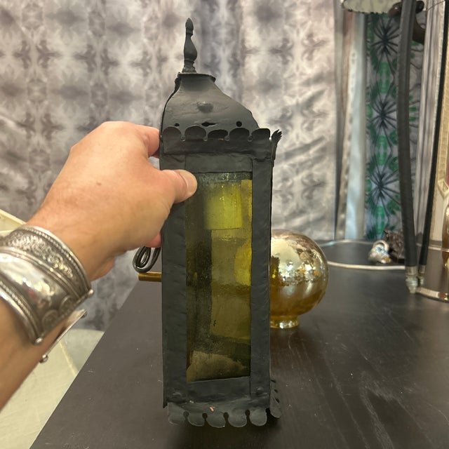 Antique Black Metal Wall Lantern Light With Blown Glass Panels For Sale - Image 9 of 11