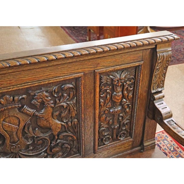 Brown Late 19th Century English Victorian Oak Hall Seat Settee Bench For Sale - Image 8 of 18