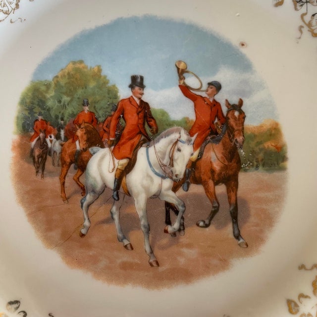 English Two Vintage Reticulated Equestrian Fox Hunt Scene Porcelain Plates With Gold Accents English British Collectible Decorative Gesetzlich Geschutzt For Sale - Image 3 of 8