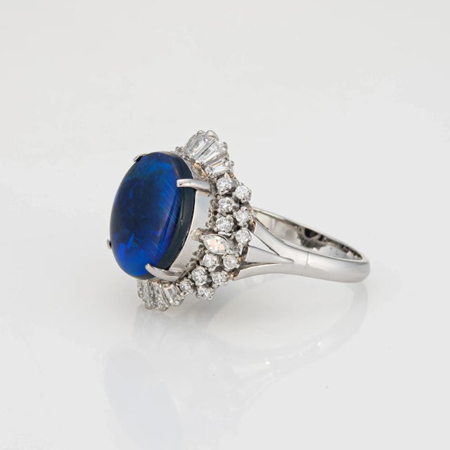 Mid 20th Century 4.58ct Natural Black Opal Diamond Platinum Ring, Sz 7.5 For Sale - Image 4 of 6