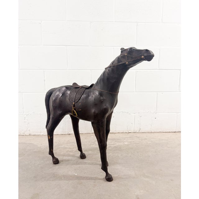 Realism Rare 30” W Vintage Equestrian Leather Horse W/Saddle Statue For Sale - Image 3 of 13