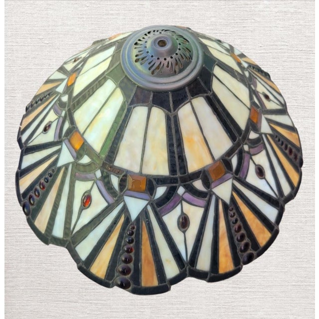 1980s Large Faux Tiffany Style Stained Glass Scalloped Edge Lamp Shades- a Pair For Sale - Image 5 of 10