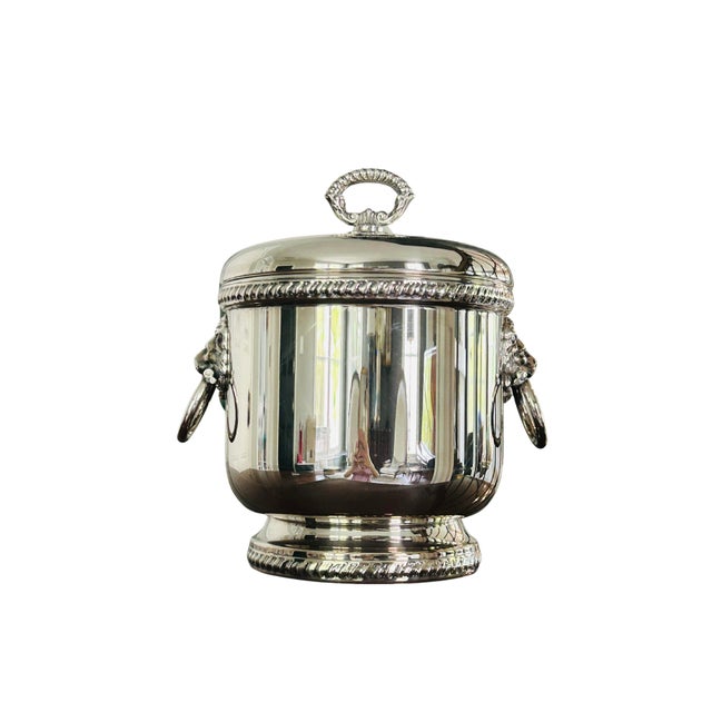 Vintage the Sheffield Silver Co. Silver-Plated Ice Bucket With Lion Head Handles, Milk Glass Liner & Ornate Ice Tongs | Hollywood Regency Barware For Sale - Image 13 of 15