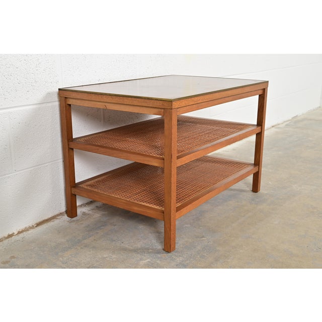 Calvin Furniture Paul McCobb Irwin Collection Mahogany, Brass, and Cane Leather Top Three-Tier Side Table, 1950s For Sale - Image 4 of 11