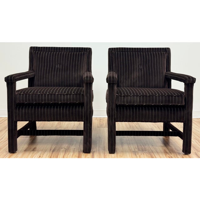Mid-Century Modern Newly Upholstered Luxe Chocolate Brown Pinstripe Velvet Parsons Chairs, a Pair For Sale - Image 3 of 13