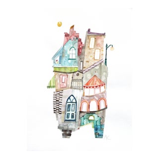 Old Town - Original Pastel Colored Urban Landscape Watercolor Painting on Paper by Maria C Bernhardsson For Sale
