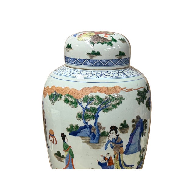 Oriental Color Family Gathering Graphic White Base Porcelain Jar For Sale - Image 18 of 18