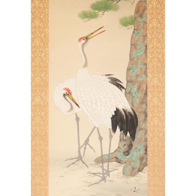 Taisho to Showa Era Japanese Silk Scroll Painting "Two Cranes and a Pine Tree" For Sale - Image 4 of 18