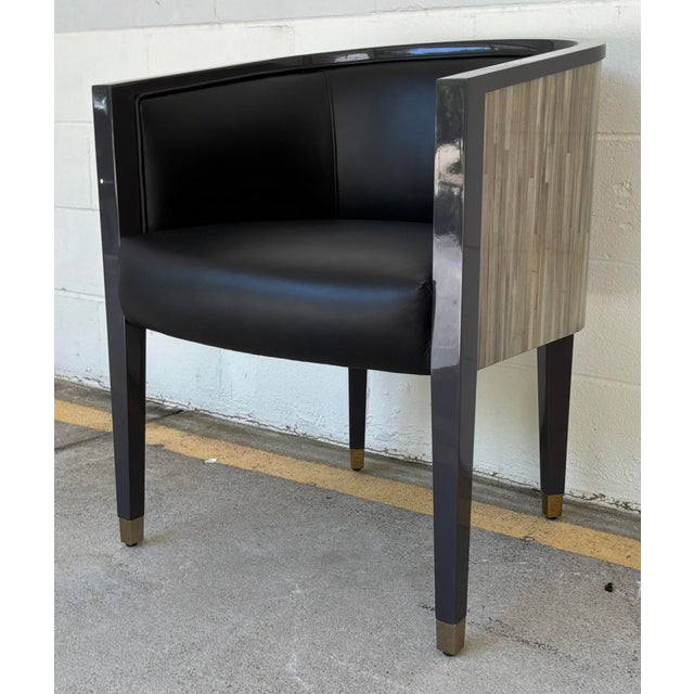 Original retail $6800, stylish Jonathan Charles Terra Barrel Back Dining Chairs Pair, dark gray lacquers wood saver...