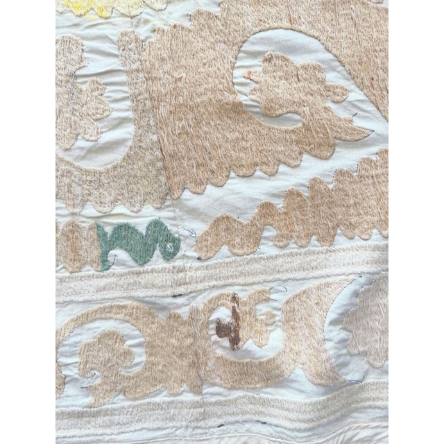 Textile Hand-Embroidered Neutral Tan Suzani Wall Hanging, 5' X 5'1'' For Sale - Image 7 of 9