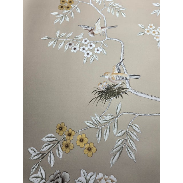 Chinoiserie Taupe Chinoiserie Mural | 3-Panel Hand-Painted Floral & Bird Wallpaper For Sale - Image 3 of 3