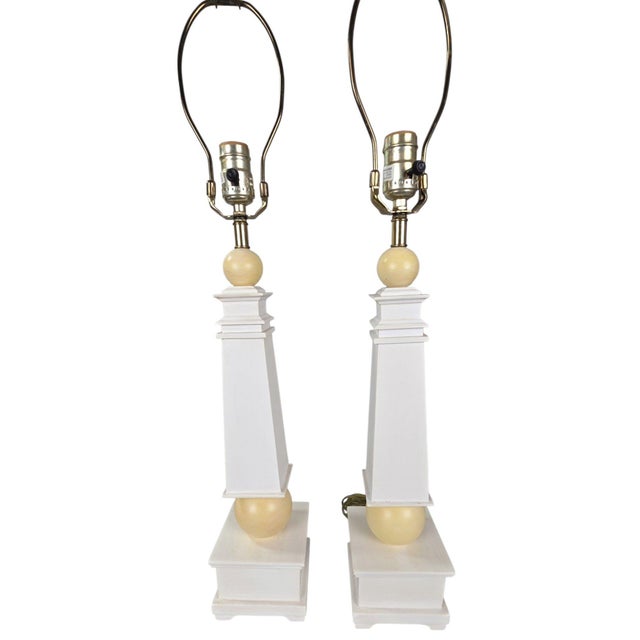 Cream Pair of Natural Light Co. White Wooden Obelisk Table Lamps With Cream Ball Accents and Shades For Sale - Image 8 of 10