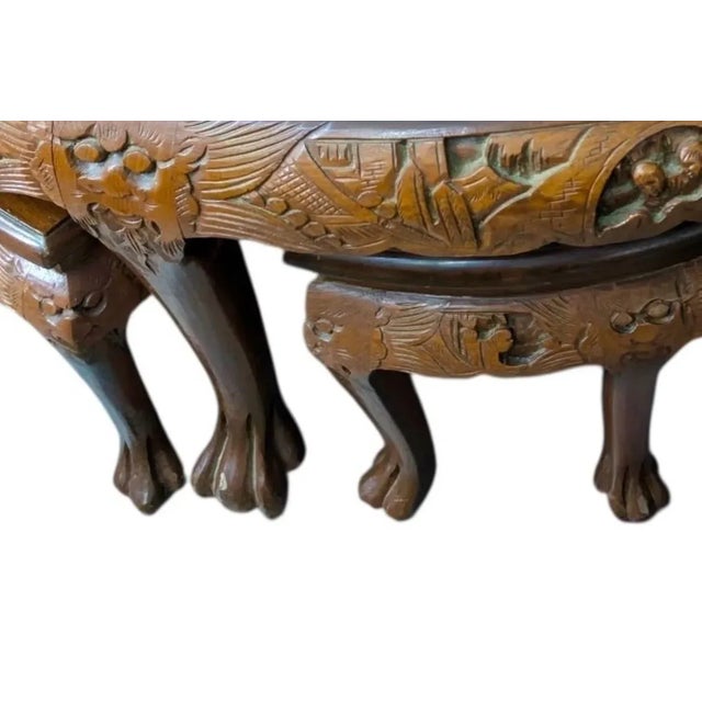 Mid-Century Hand-Carved Asian Nesting Coffee Table With 6 Stools, C. 1950s Opium Table For Sale - Image 10 of 10
