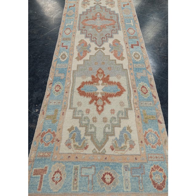Turkish Oushak Wool Runner Rug Turquoise & Beige Handmade Rug 3'1" X 12'2" This handwoven Turkish Oushak runner rug is a...
