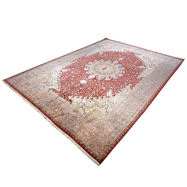 2000 - 2009 Vintage Kashmiri Tabriz Silk 9x12 Red, Ivory & Light Blue Handmade Area Rug #1144057 For Sale - Image 5 of 15