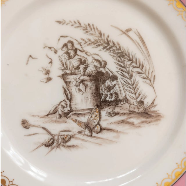 Late 19th Century 19th Century Pair of Decorative Wall Plates Animals and Pink Rim Attributed to Limoges France For Sale - Image 5 of 8