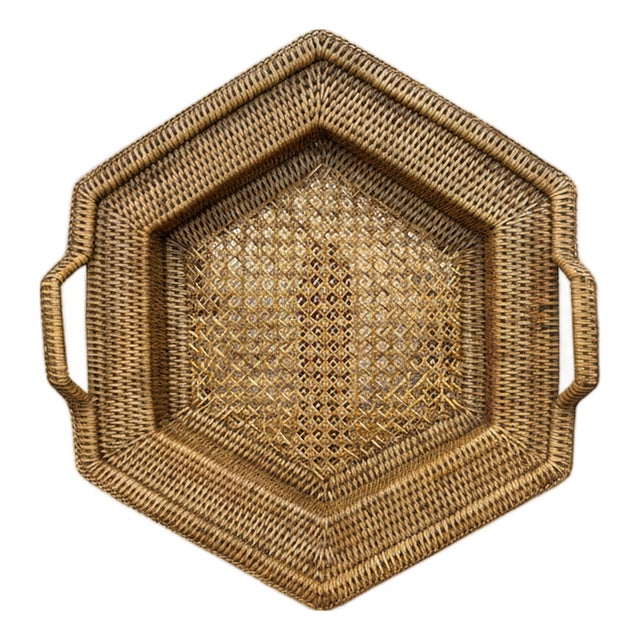 Rattan and Bamboo Woven Hexagonal Tray with Side Handles For Sale