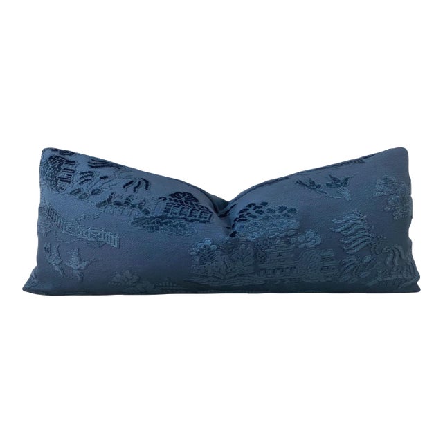 Large 36" Blue Pagoda Down Filled Lumbar Pillow For Sale