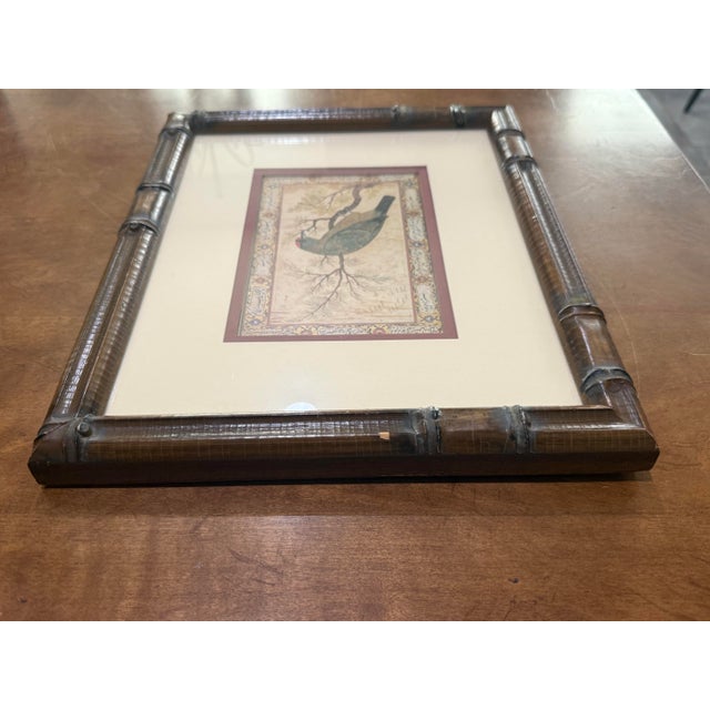 Mid 20th Century Vintage Persian-Style Bird Art Print in Bamboo Frame For Sale - Image 5 of 10