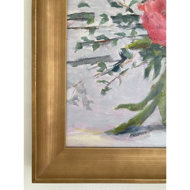 Contemporary “Peony and Ranunculus” Contemporary Framed Floral Oil on Linen For Sale - Image 3 of 6