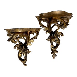 Pair Rococo Carved Giltwood Wall Brackets With Acanthus Scrolls, Italy Early 20th Century For Sale