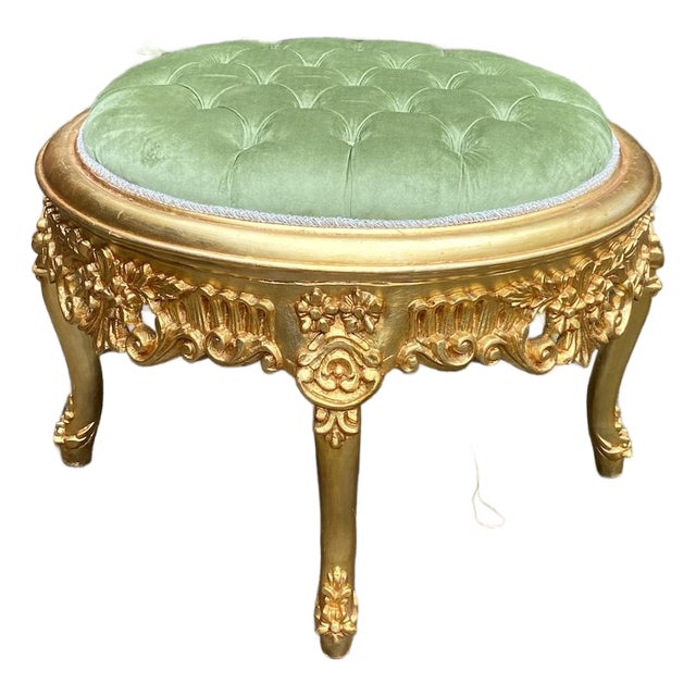 1980s Italian Rococo Gold Beech Green Velvet Bench For Sale