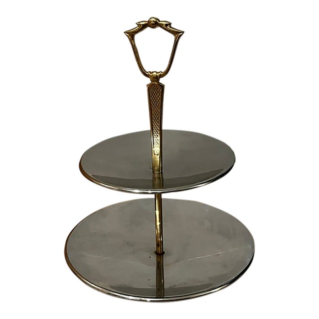 Vintage Kromex Tidbit Tray Two Tier Stainless Gold Tone Center Post For Sale