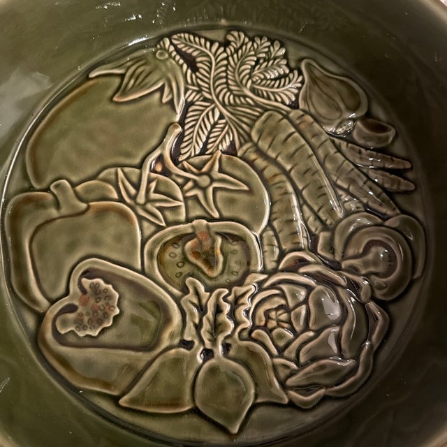 Ceramic Vintage Rustic Green Glazed Majolica-Style Vegetable Serving Dish With Handles For Sale - Image 7 of 7