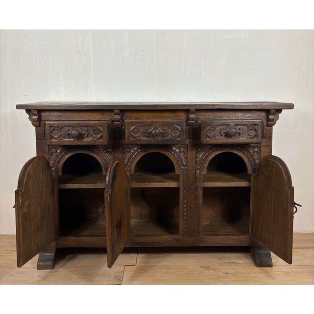 Spanish Carved Oak Sideboard, 1860s For Sale - Image 9 of 14
